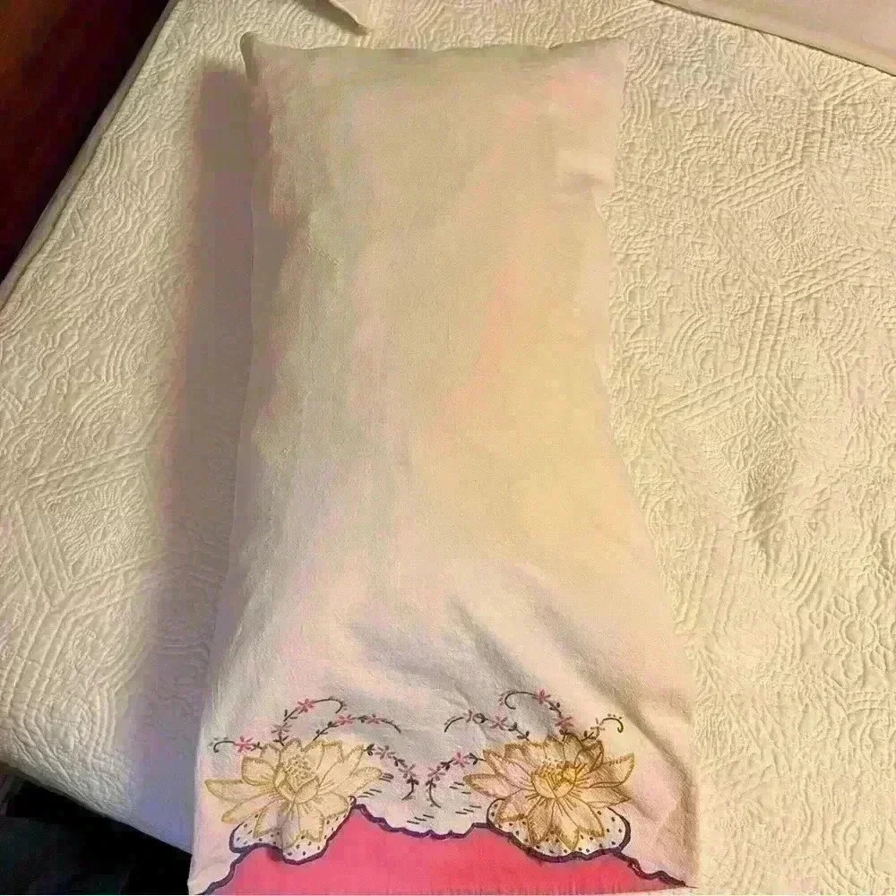 Set of 2 vintage handmade embroidered flour sack pillowcases lotus flower
